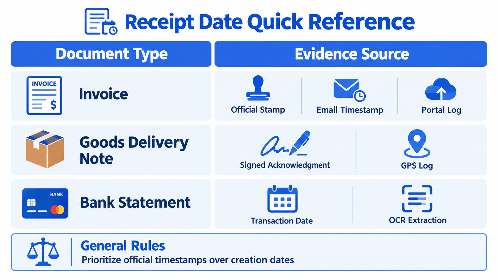 A chart showing how to determine the receipt date for invoices, delivery notes, and bank statements.
