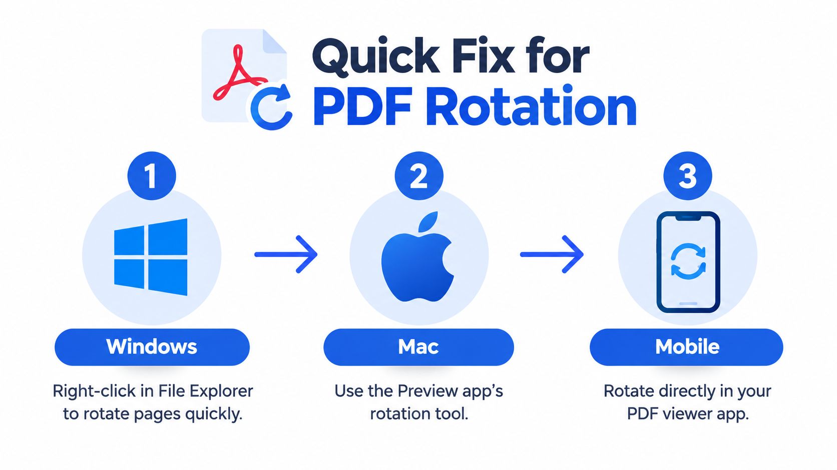 A simple infographic guide demonstrating how to rotate PDF files on Windows, Mac, and mobile devices.