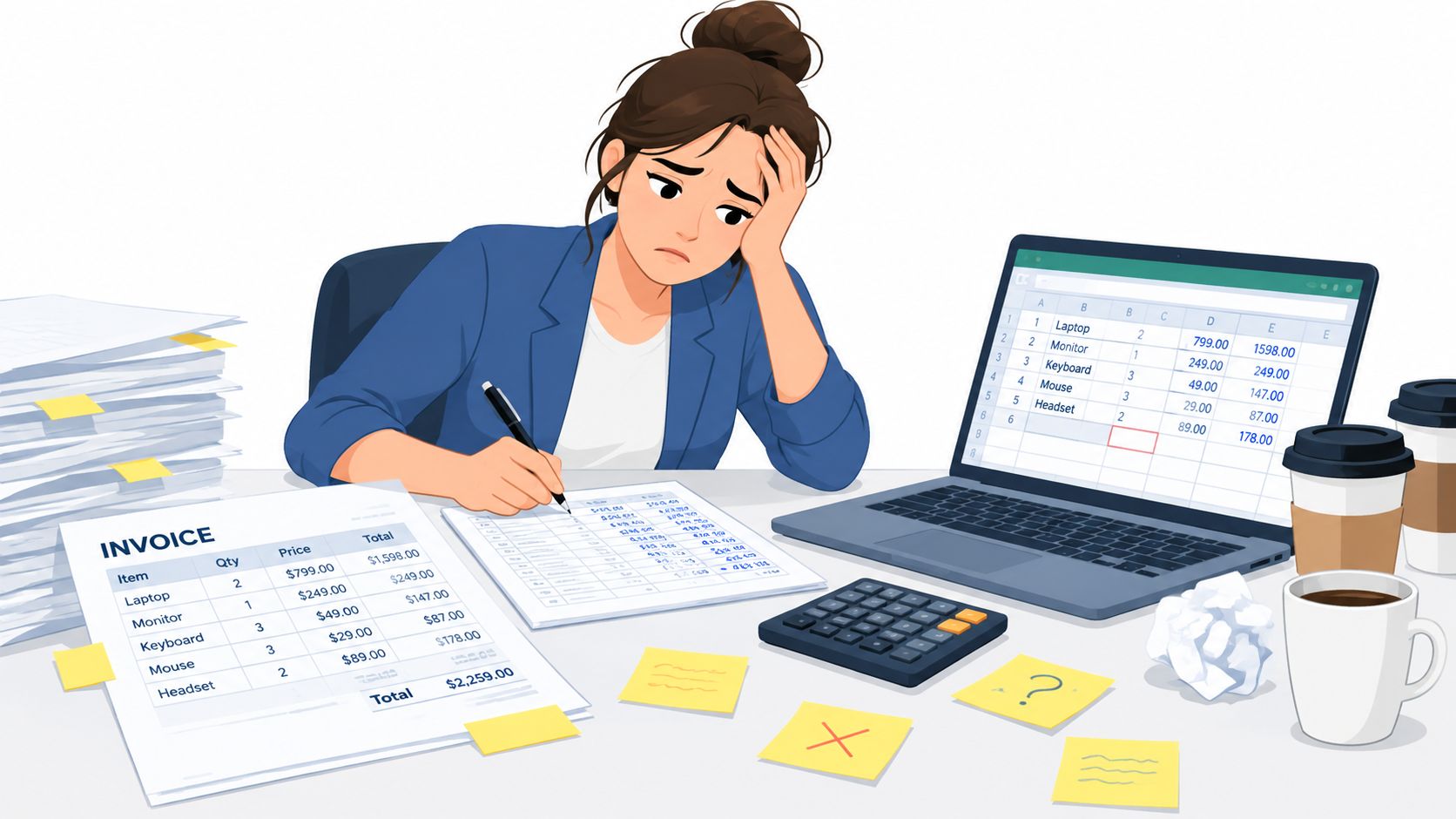 A stressed woman working at her desk with a laptop, calculator, and various invoices and documents.