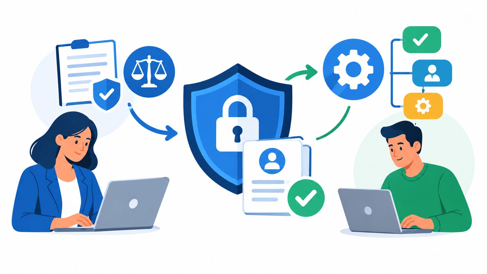 A woman and a man working on laptops with icons representing data security, compliance, and user management.