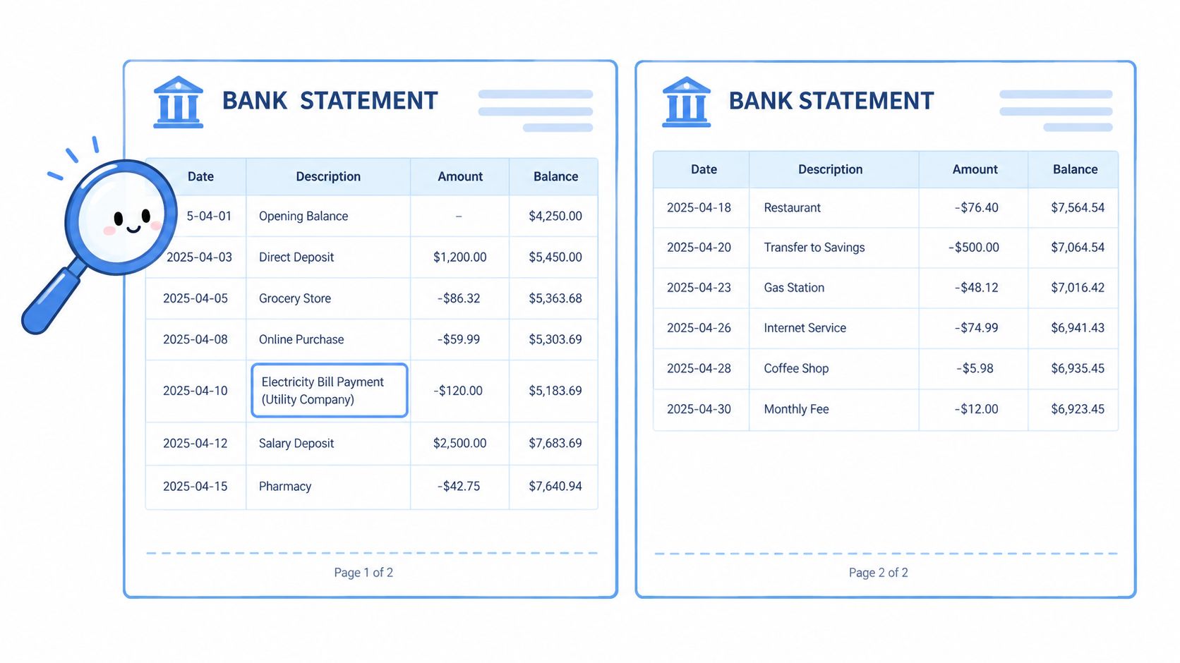 A digital view of two bank statement pages displayed side by side with a magnifying glass icon.