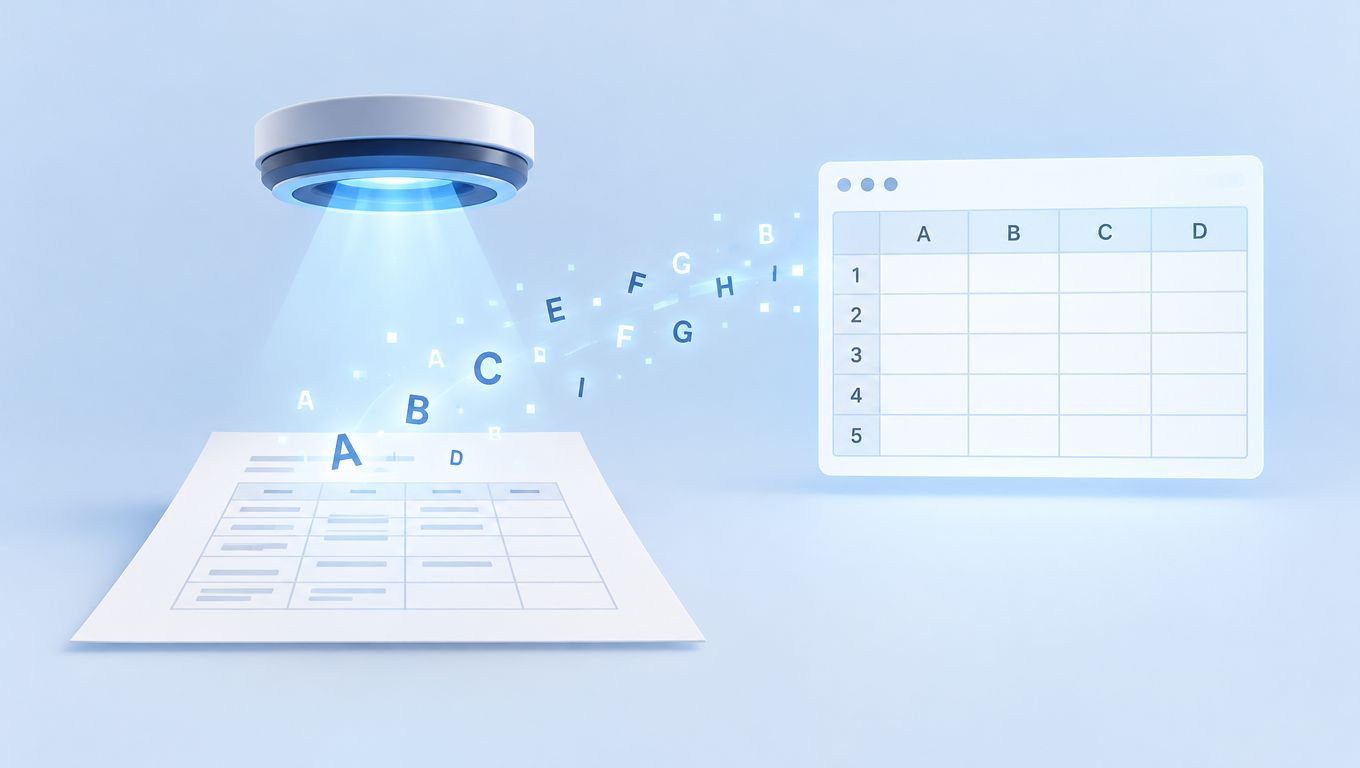 A 3D representation of a scanner extracting data from a document into an Excel spreadsheet format.