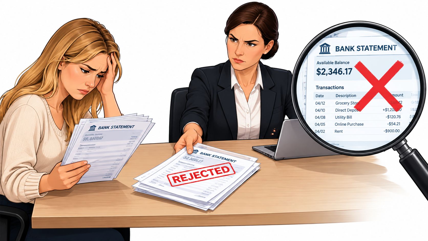 A loan officer rejecting a woman's bank statement document during a formal mortgage application meeting.