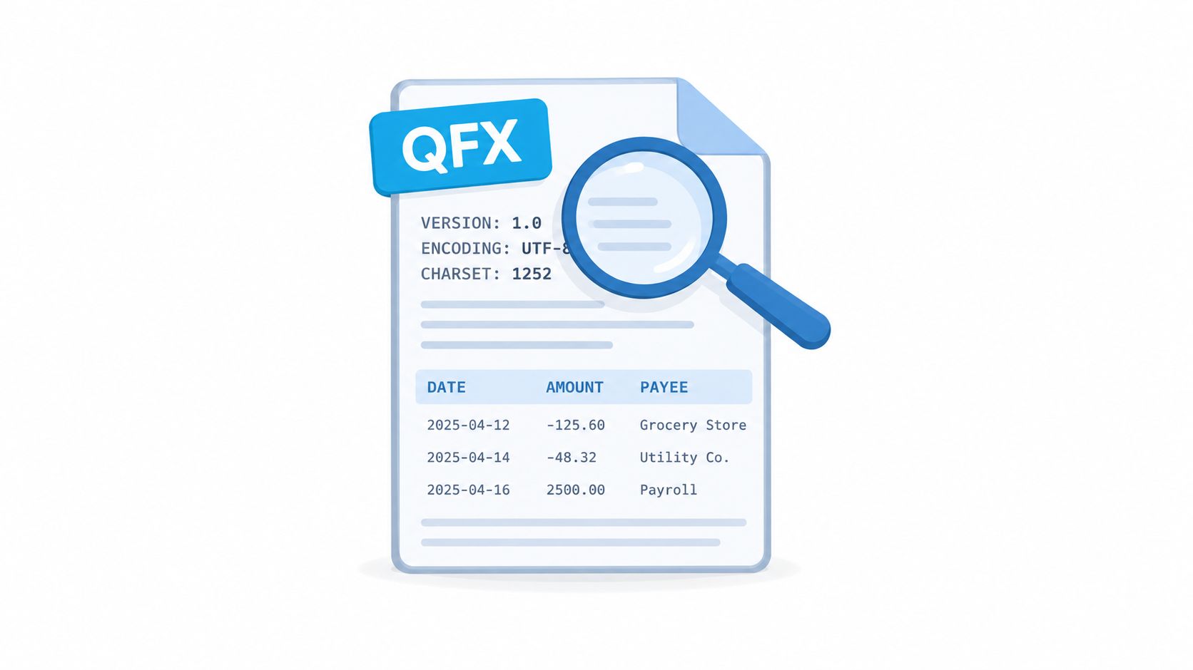 A 3D icon of a QFX file format document being inspected under a blue magnifying glass.