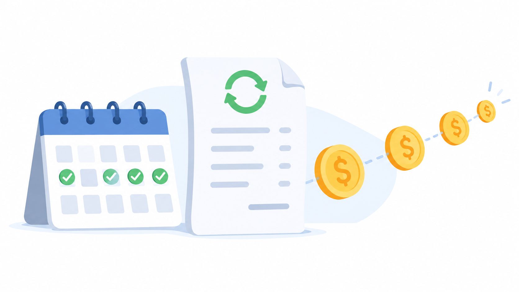 A 3D illustration of a calendar, a recurring invoice document, and gold coins representing steady financial payments.