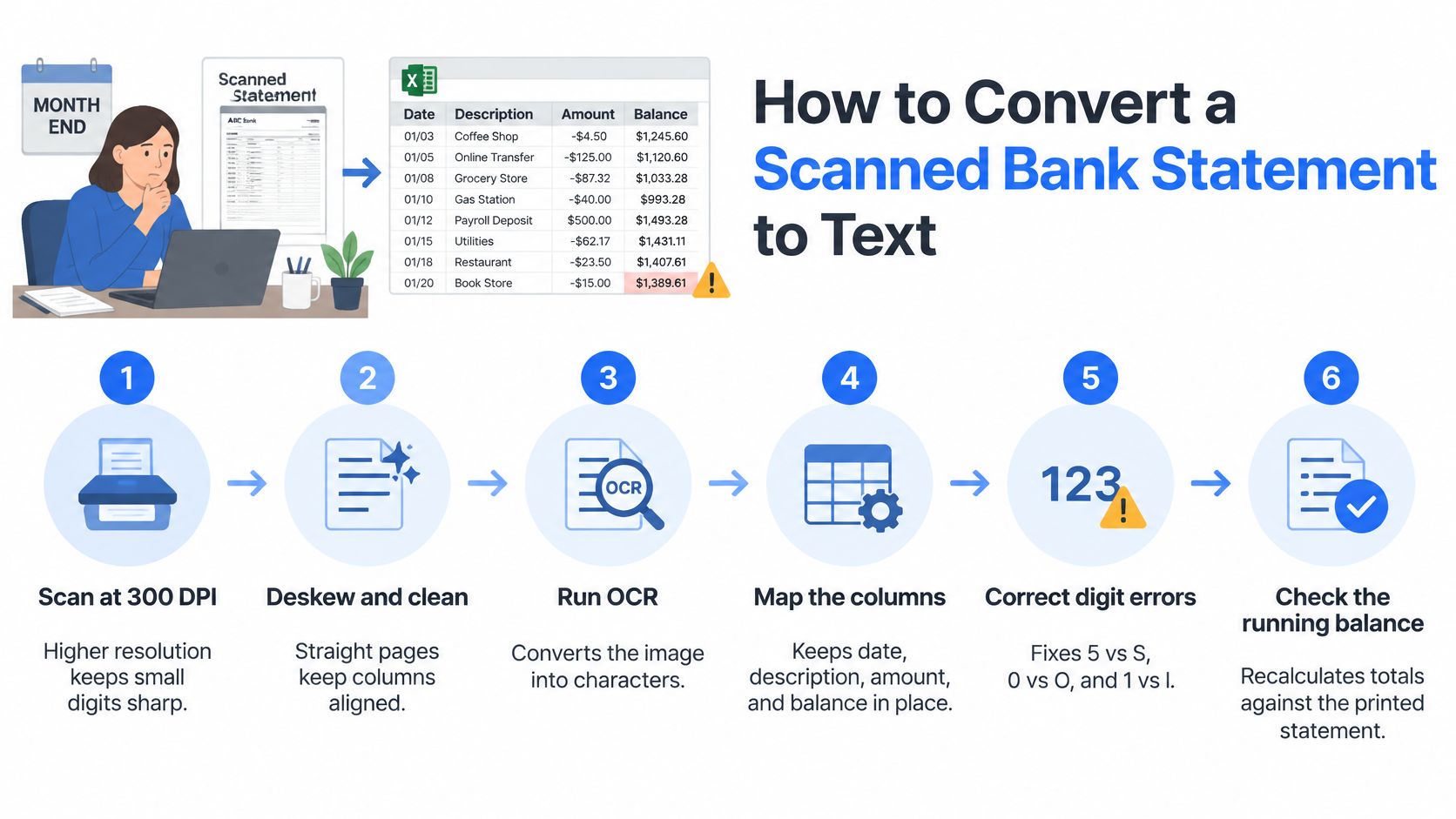A six-step infographic illustrating the professional process of converting a scanned bank statement into digital text.