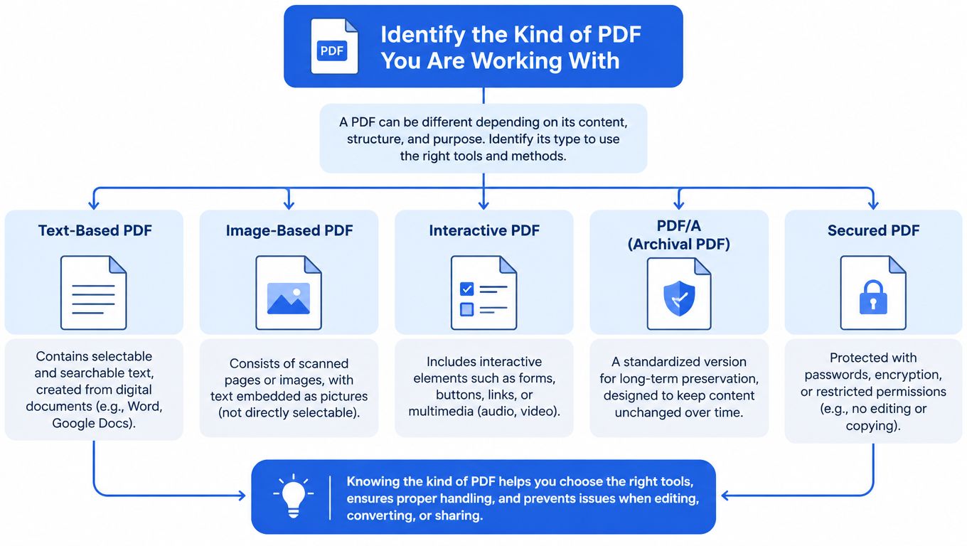A flowchart explaining the different types of PDF documents, including text-based, image-based, interactive, archival, and secured PDFs.