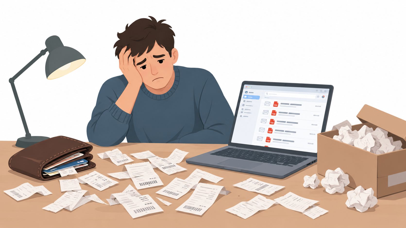 A stressed man sitting at a desk cluttered with many paper receipts and a laptop displaying emails.
