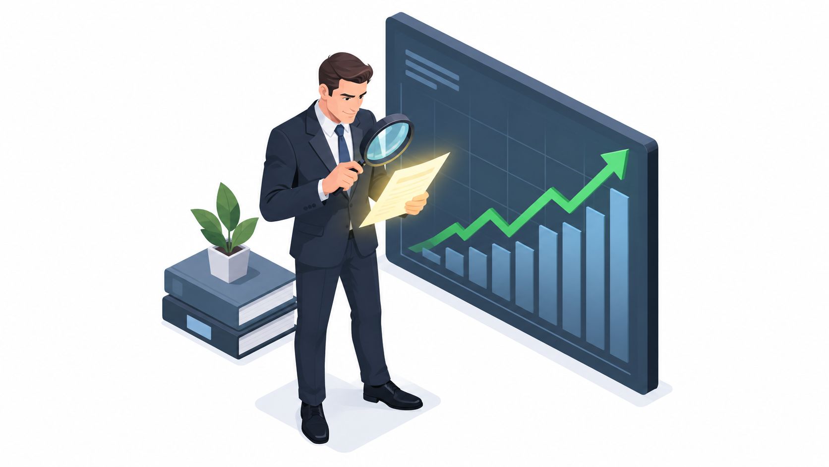 A professional businessman in a suit examines a document with a magnifying glass beside a growth chart.