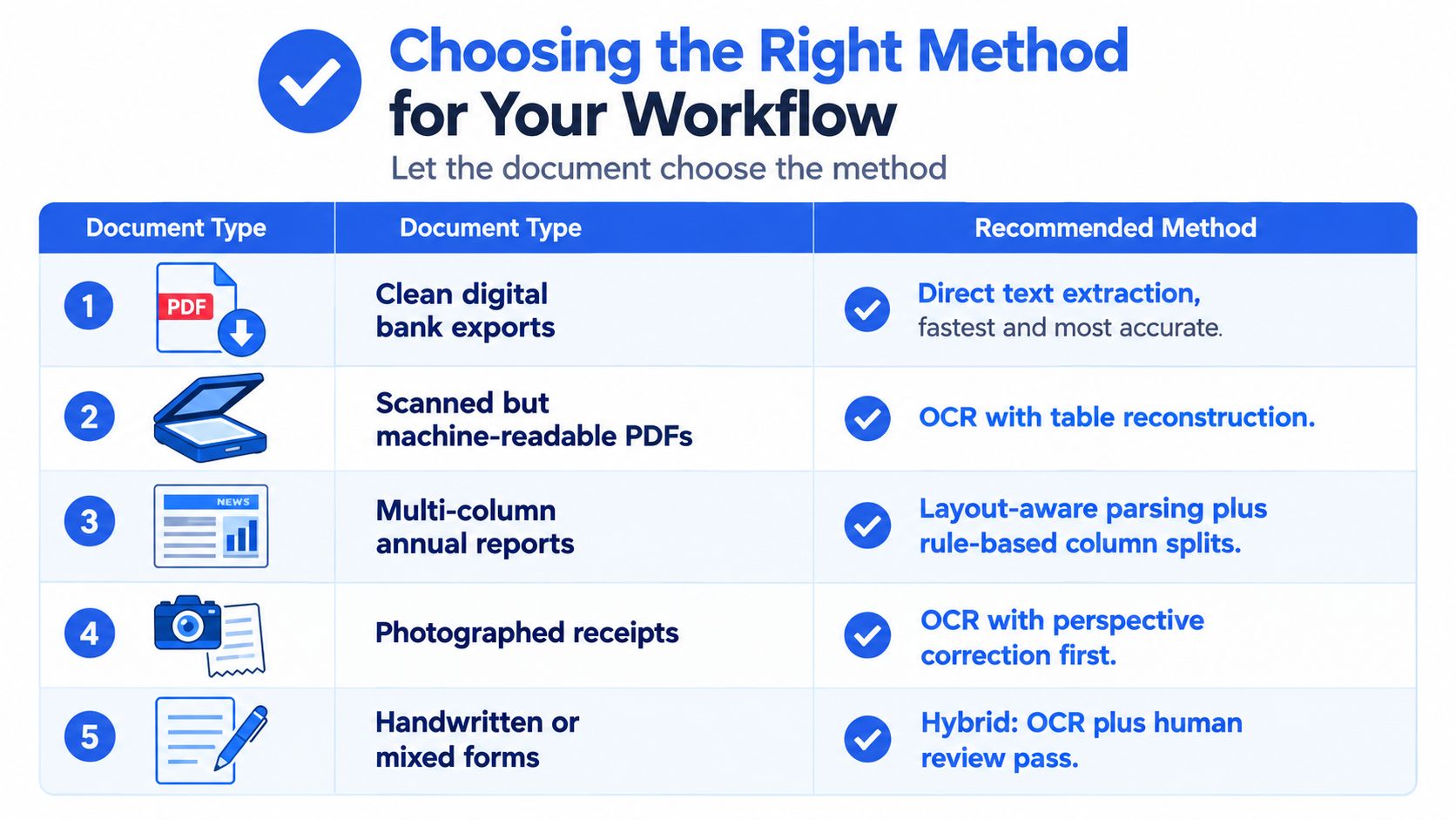 A chart showing recommended methods for extracting data from various document types like PDFs, receipts, and reports.
