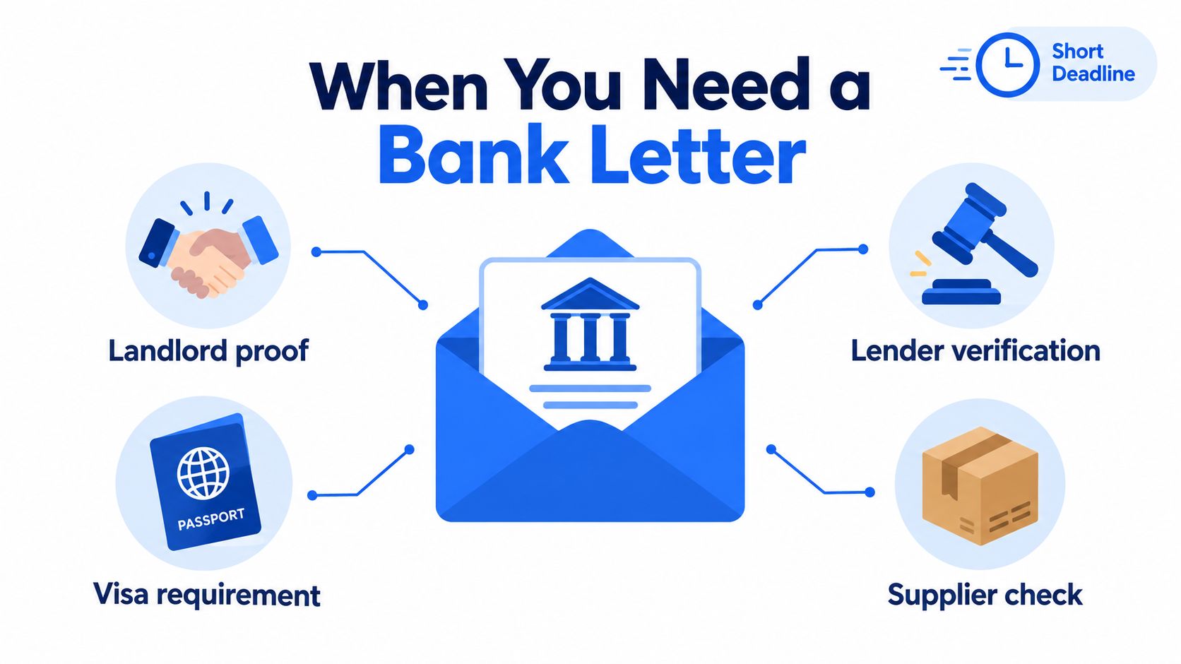 An infographic showing four common reasons why an individual might require an official bank letter.