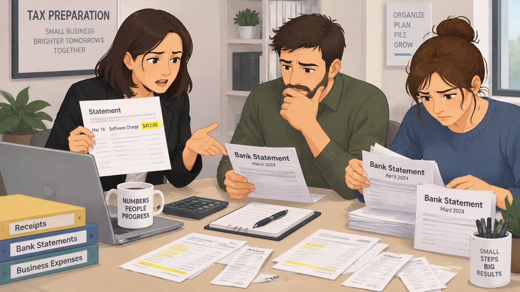 A professional team reviewing financial documents and bank statements for small business expense tracking in an office.