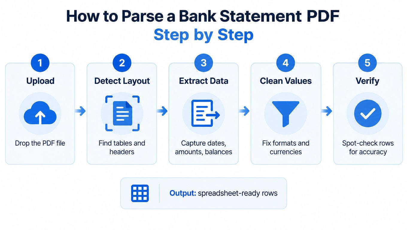 A step-by-step diagram illustrating the process of parsing data from a bank statement PDF file.