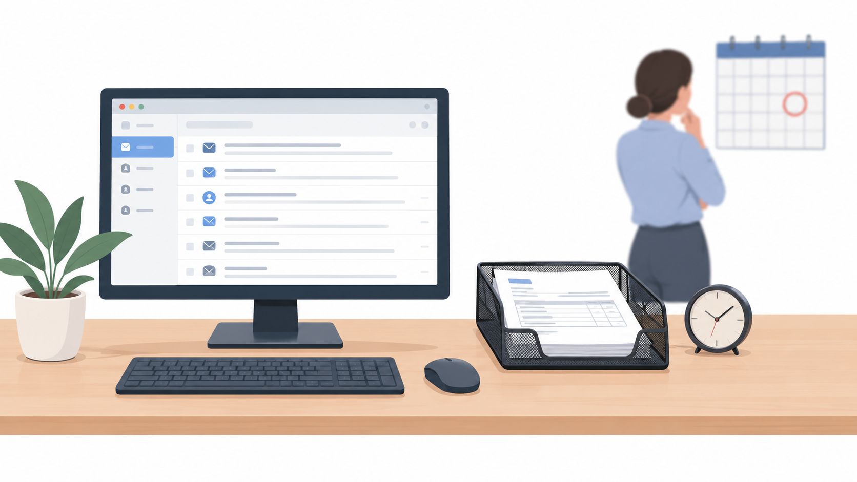 A professional digital office workspace featuring a computer, documents, a clock, and a woman checking a calendar.