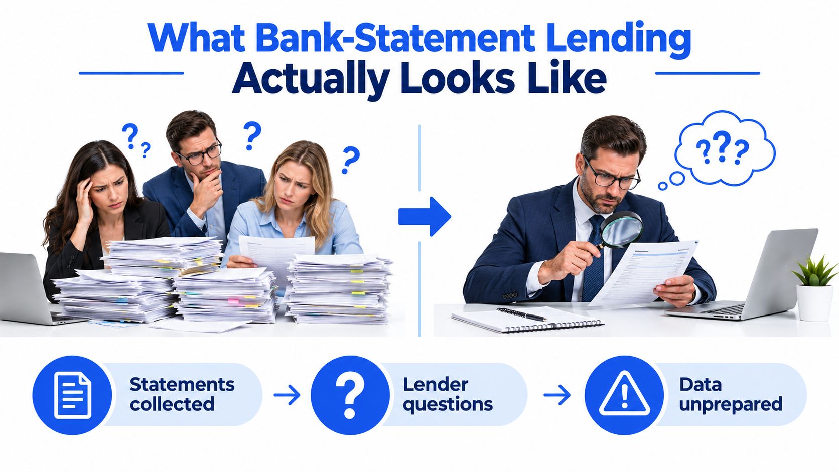 A professional illustration showing the complex and confusing manual process of reviewing bank statements for lending.