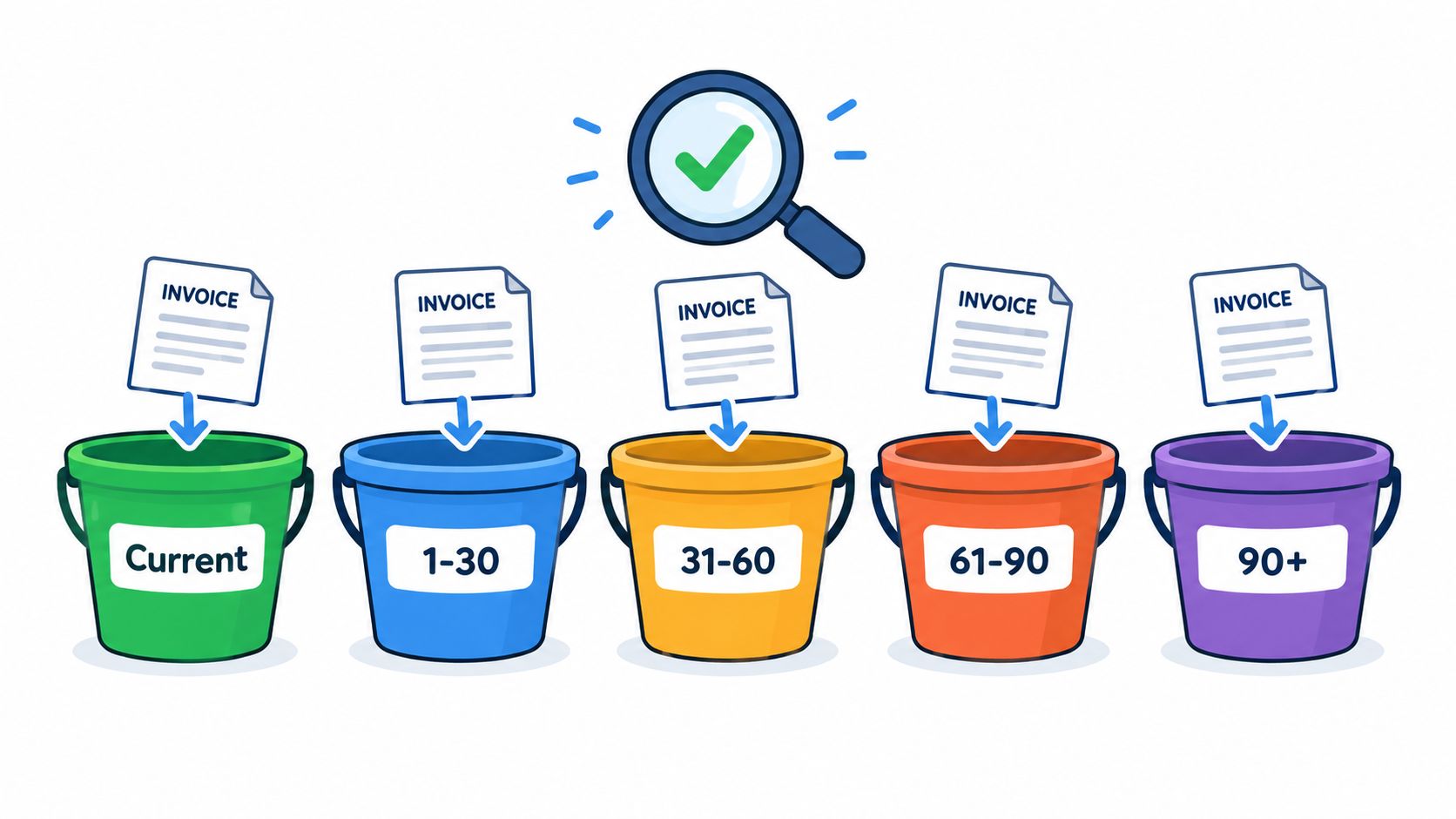 Five colorful buckets representing different aging periods for categorizing company invoices for financial accounts payable processing.