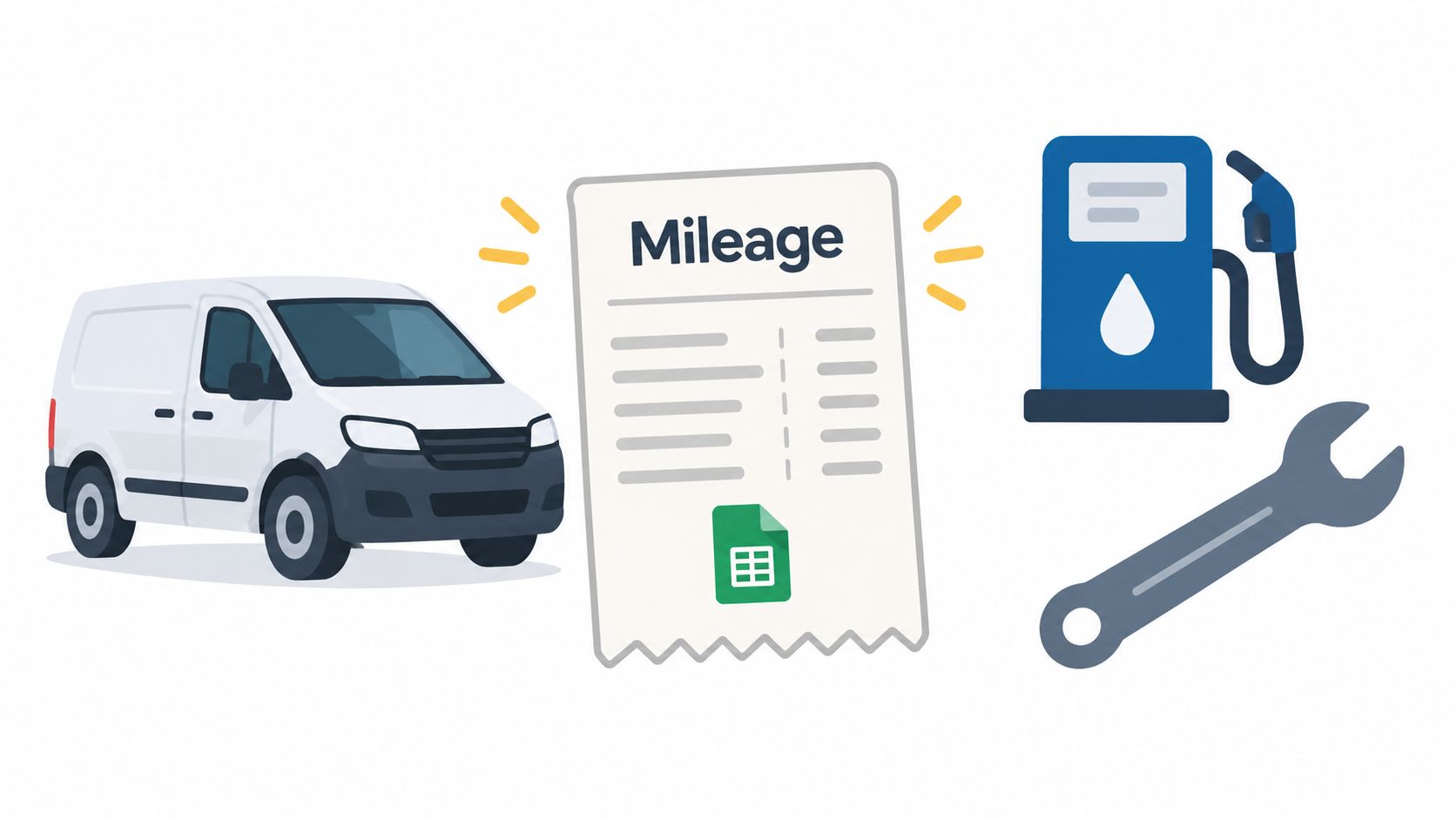 A white cargo van next to a mileage report, a gas pump icon, and a wrench tool icon.