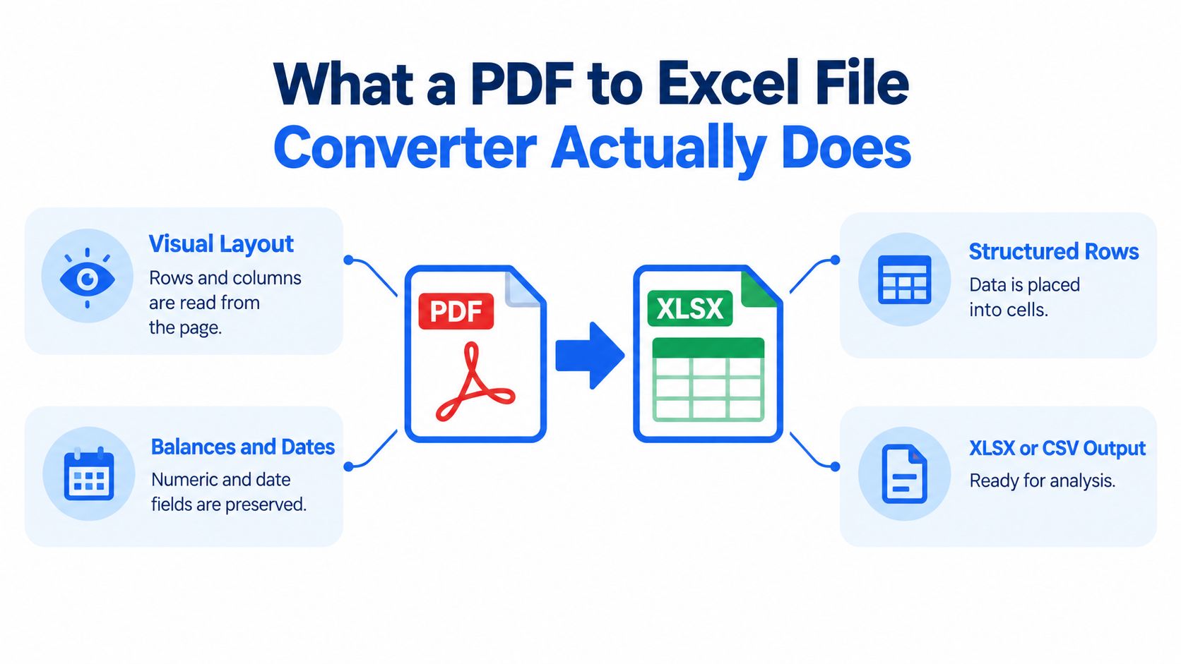 An infographic illustrating how a PDF to Excel converter extracts table data into structured spreadsheet format.