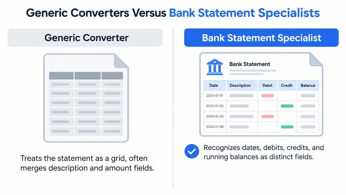 A comparison illustration showing how generic converters and bank statement specialists process financial document data differently.