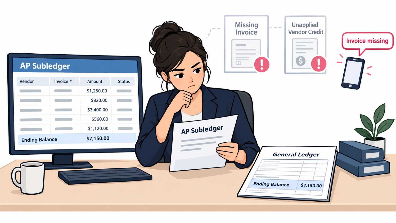 A professional accountant reviewing AP subledger and general ledger documents while troubleshooting missing invoice issues in office.