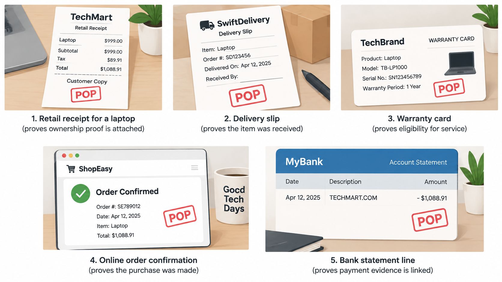 A diagram illustrating five different documents that serve as valid proof of purchase for a laptop.