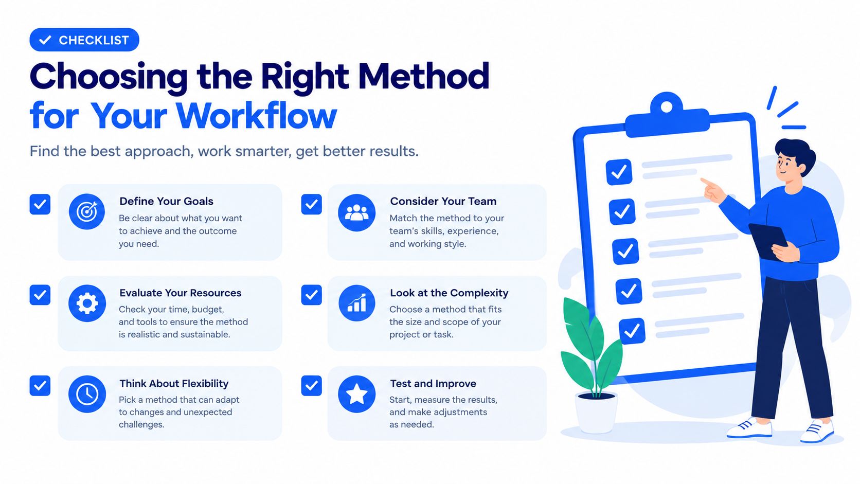A checklist illustration for choosing the right workflow method, featuring an organized list and a professional character.