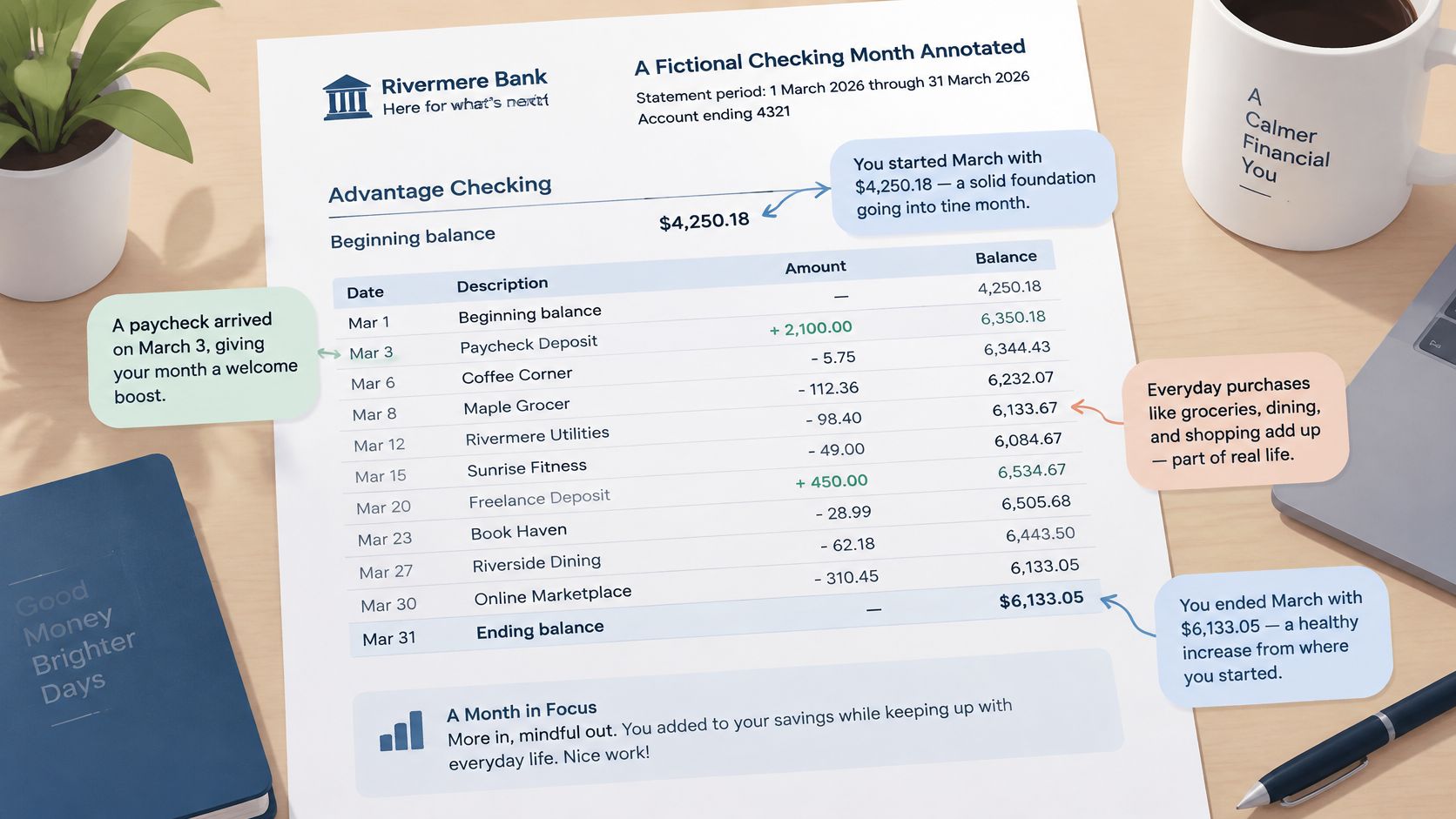 A fictional Rivermere Bank checking account statement showing transactions for the month of March 2026.