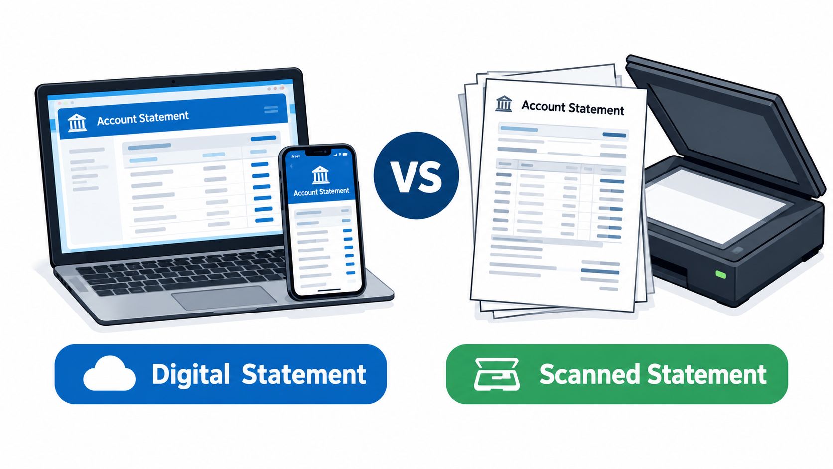 A comparison illustration between a digital bank statement on a laptop and phone versus a physical scanned statement.