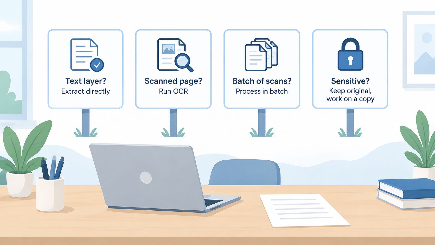 A workspace with a laptop and icons illustrating document processing steps like OCR and batch file handling.