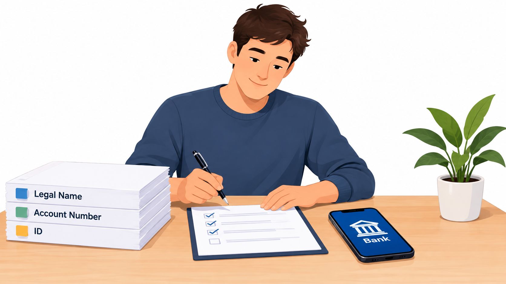 A young man sitting at a desk filling out bank paperwork with a pen.