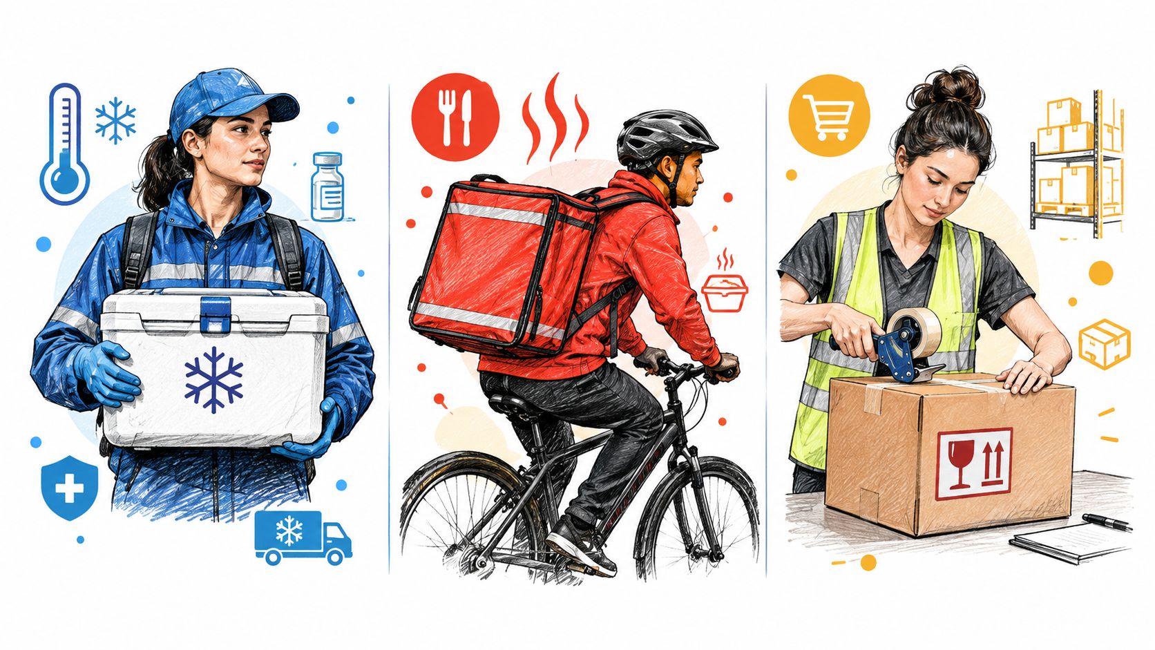 Three delivery service roles featuring cold chain logistics, hot food bicycle transport, and warehouse packaging operations.