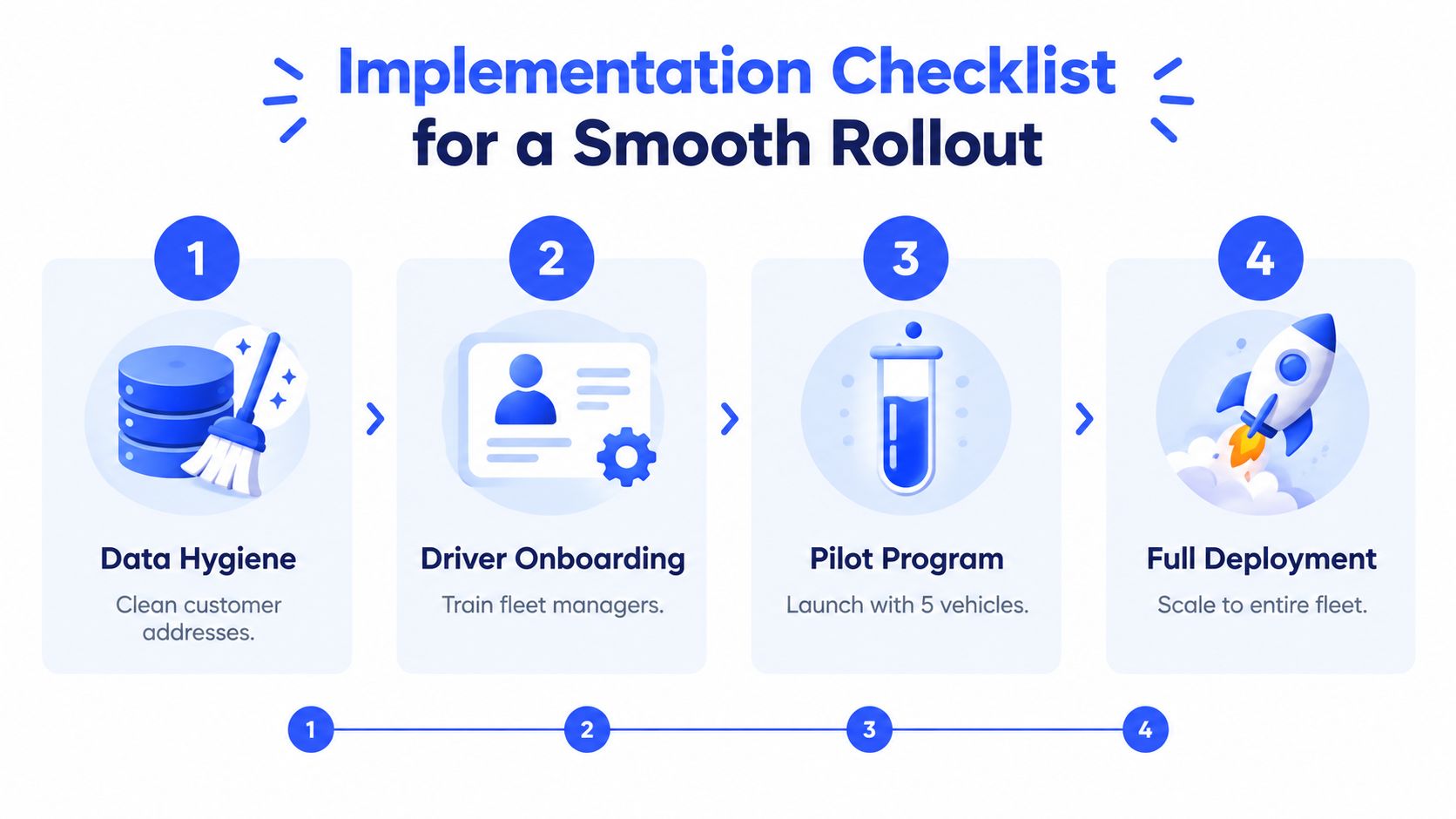 A four-step checklist illustration detailing the process for implementing a new fleet management or logistics software rollout.