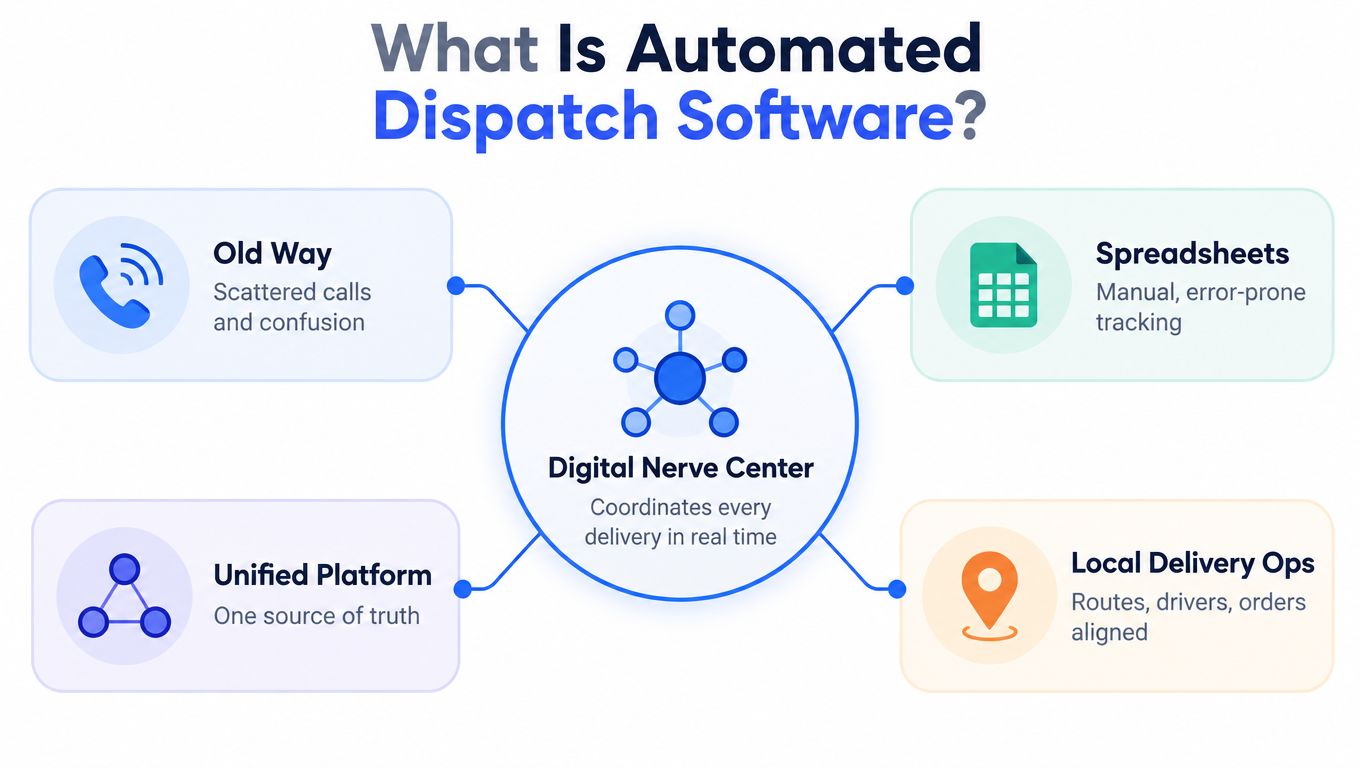 An infographic titled What Is Automated Dispatch Software illustrating how it replaces manual processes like calls and spreadsheets.