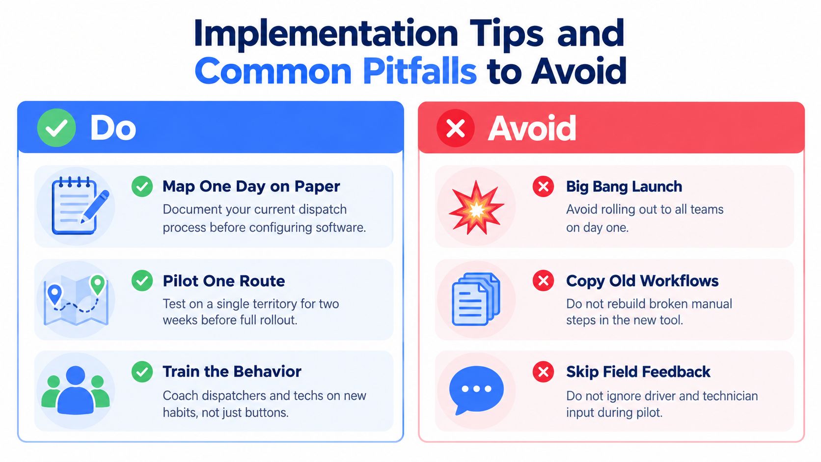 An infographic showing tips for implementing dispatch scheduling software with a Do and Avoid list.