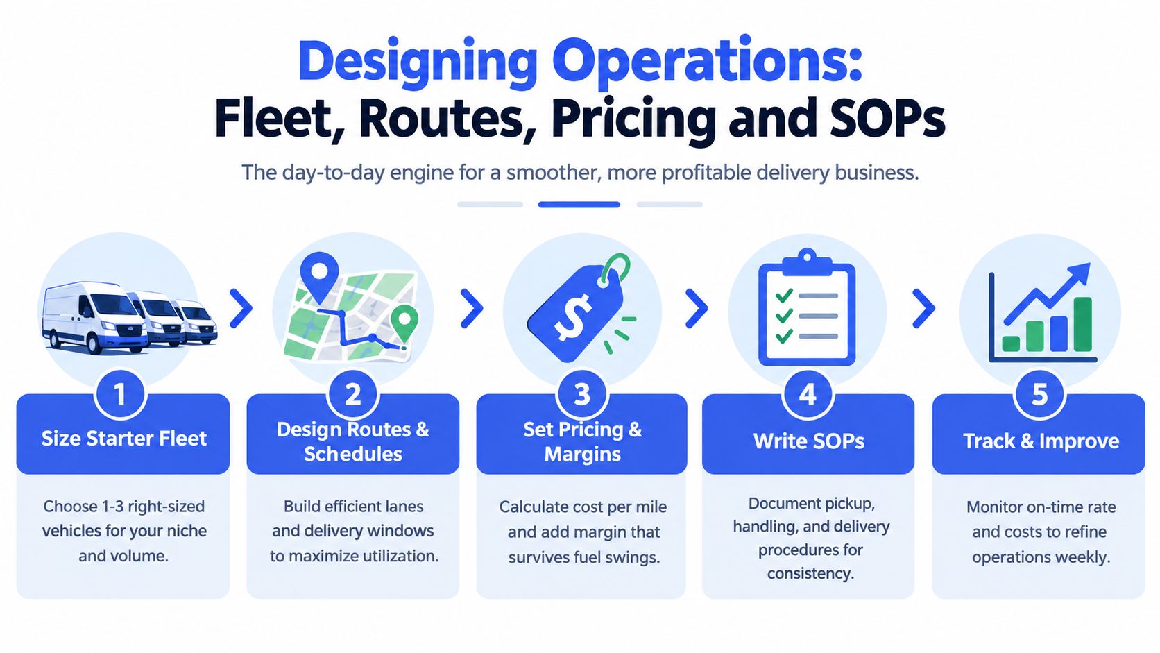 A five-step infographic outlining how to design efficient logistics operations for a delivery business.