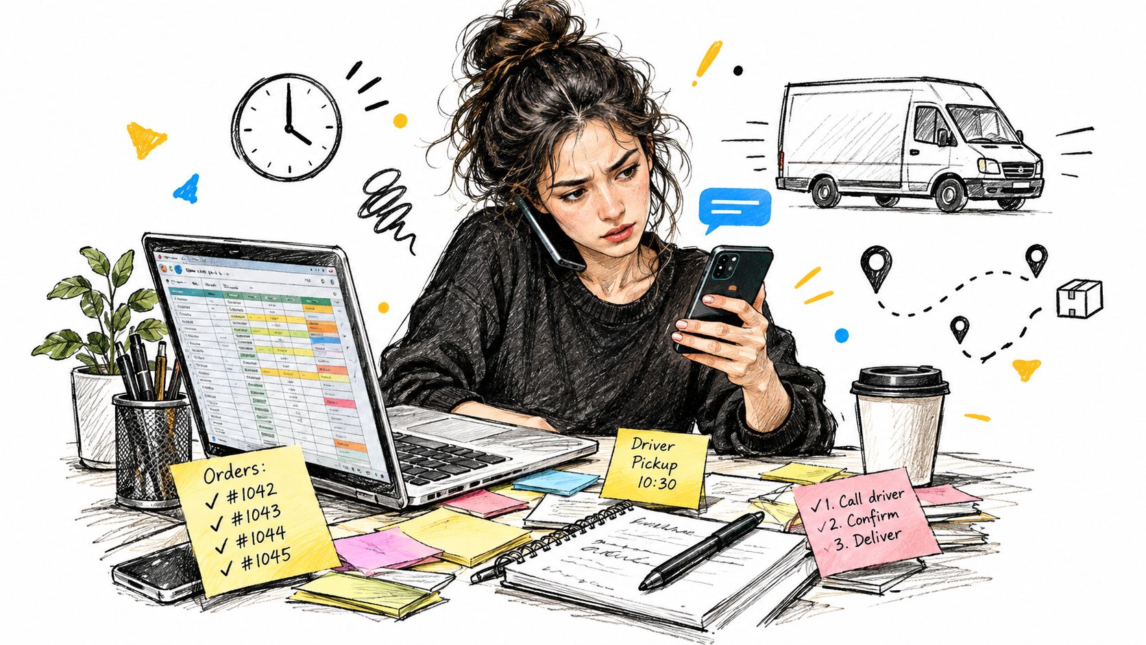 A focused woman managing logistics operations on a laptop and smartphone in a busy modern office workspace.