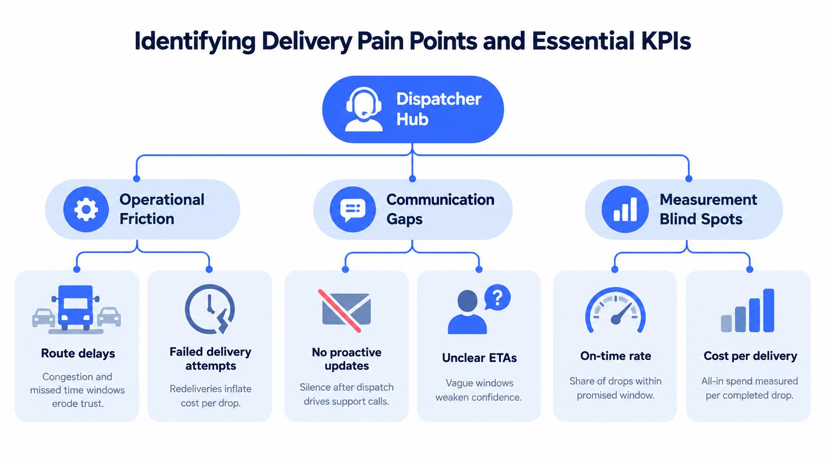 A diagram illustrating delivery pain points and KPIs centered around the Dispatcher Hub operational framework.
