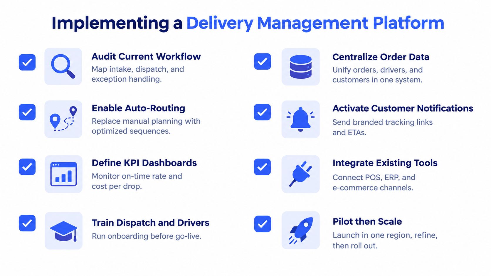 A checklist infographic illustrating eight key steps for successfully implementing a delivery management platform for businesses.