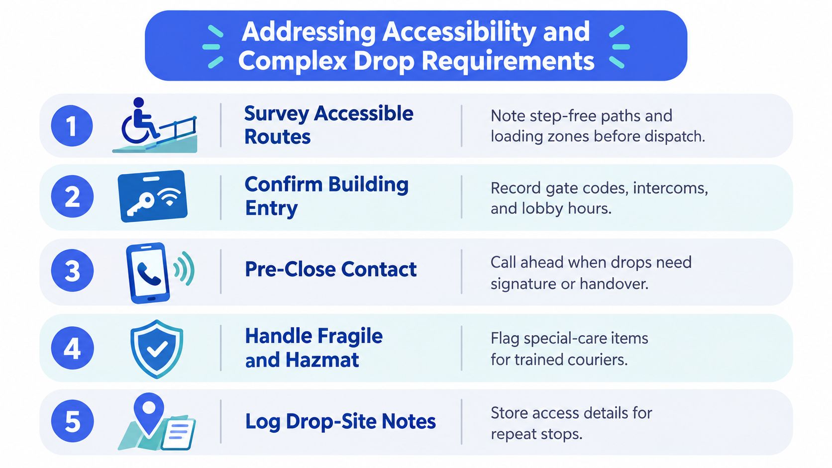 An infographic titled Addressing Accessibility and Complex Drop Requirements listing five steps for improved delivery operations.