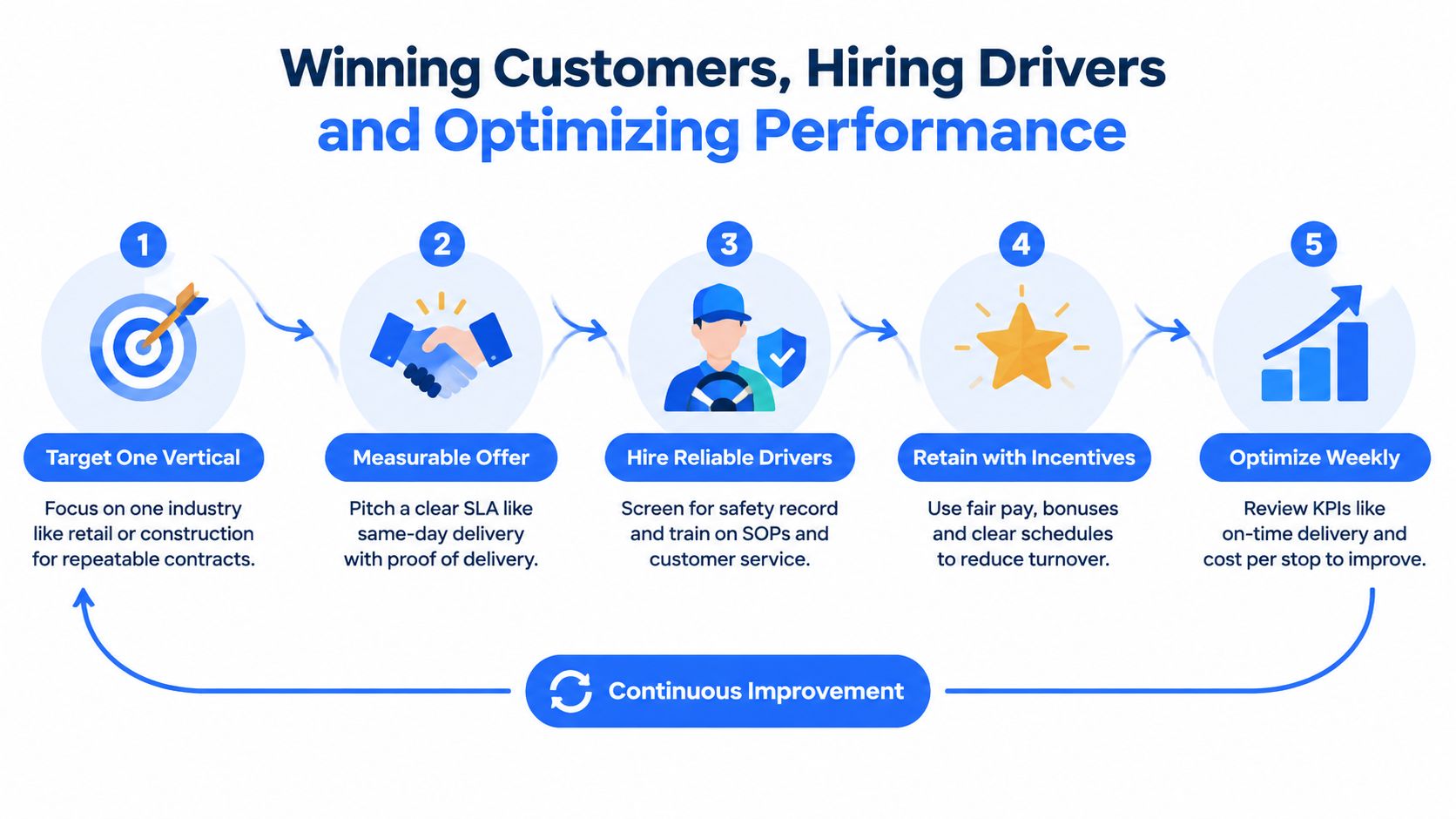 A five-step process diagram illustrating how to win customers, hire drivers, and optimize delivery business performance.