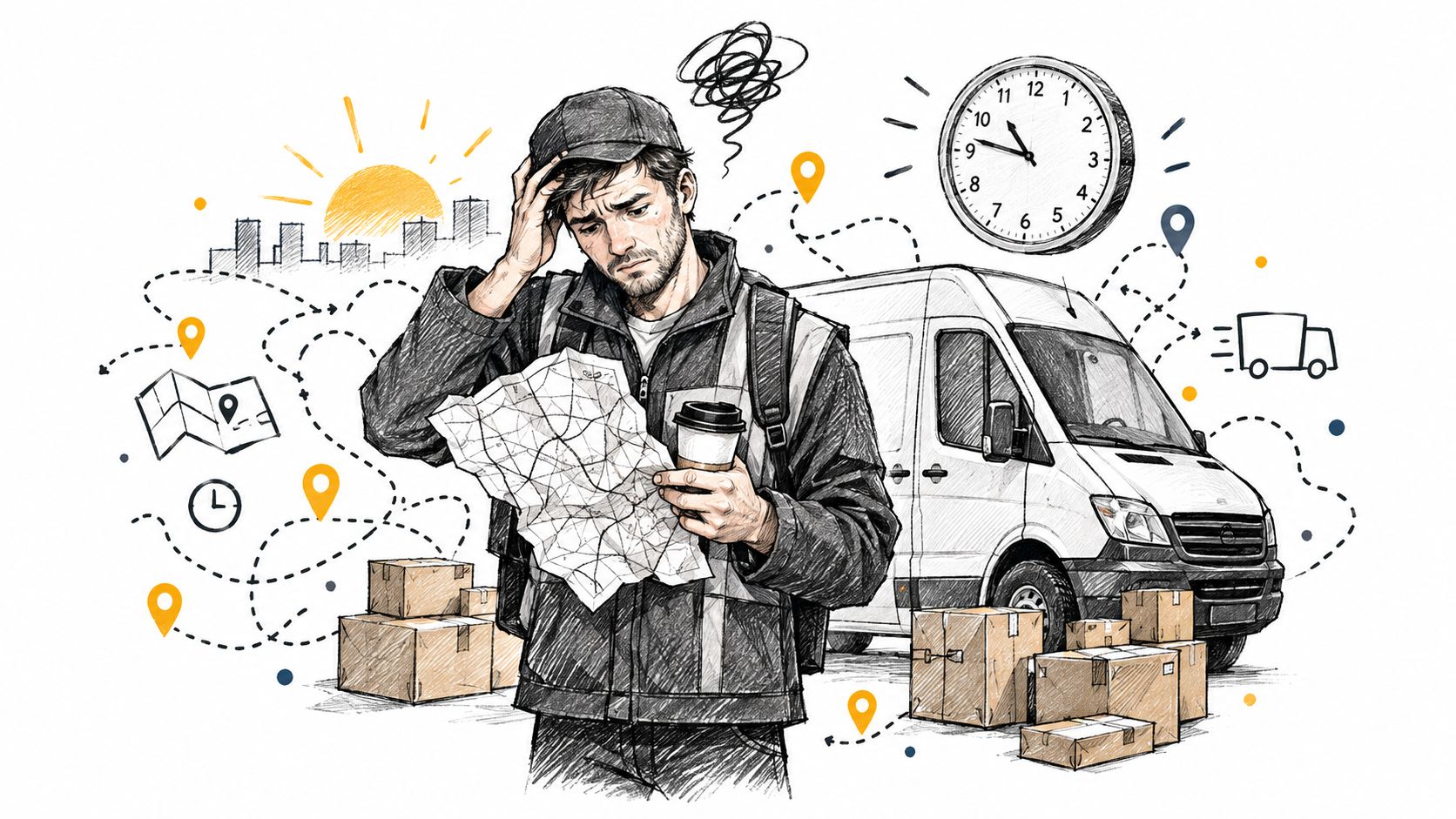 A stressed delivery driver looking at a map with boxes and a van in the background.