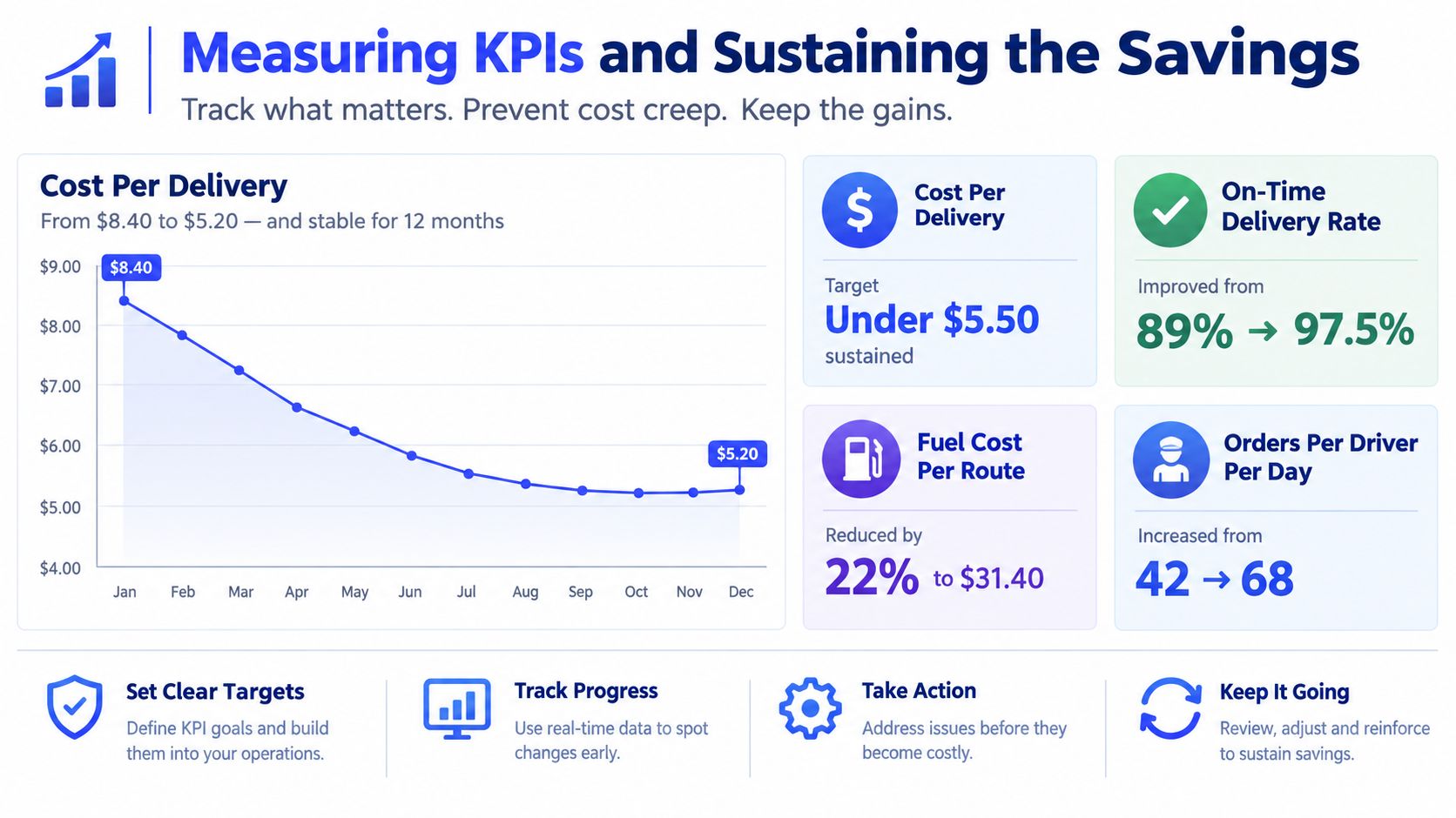 An infographic displaying key performance indicators for operational cost reduction, including delivery costs, efficiency, and fuel savings.