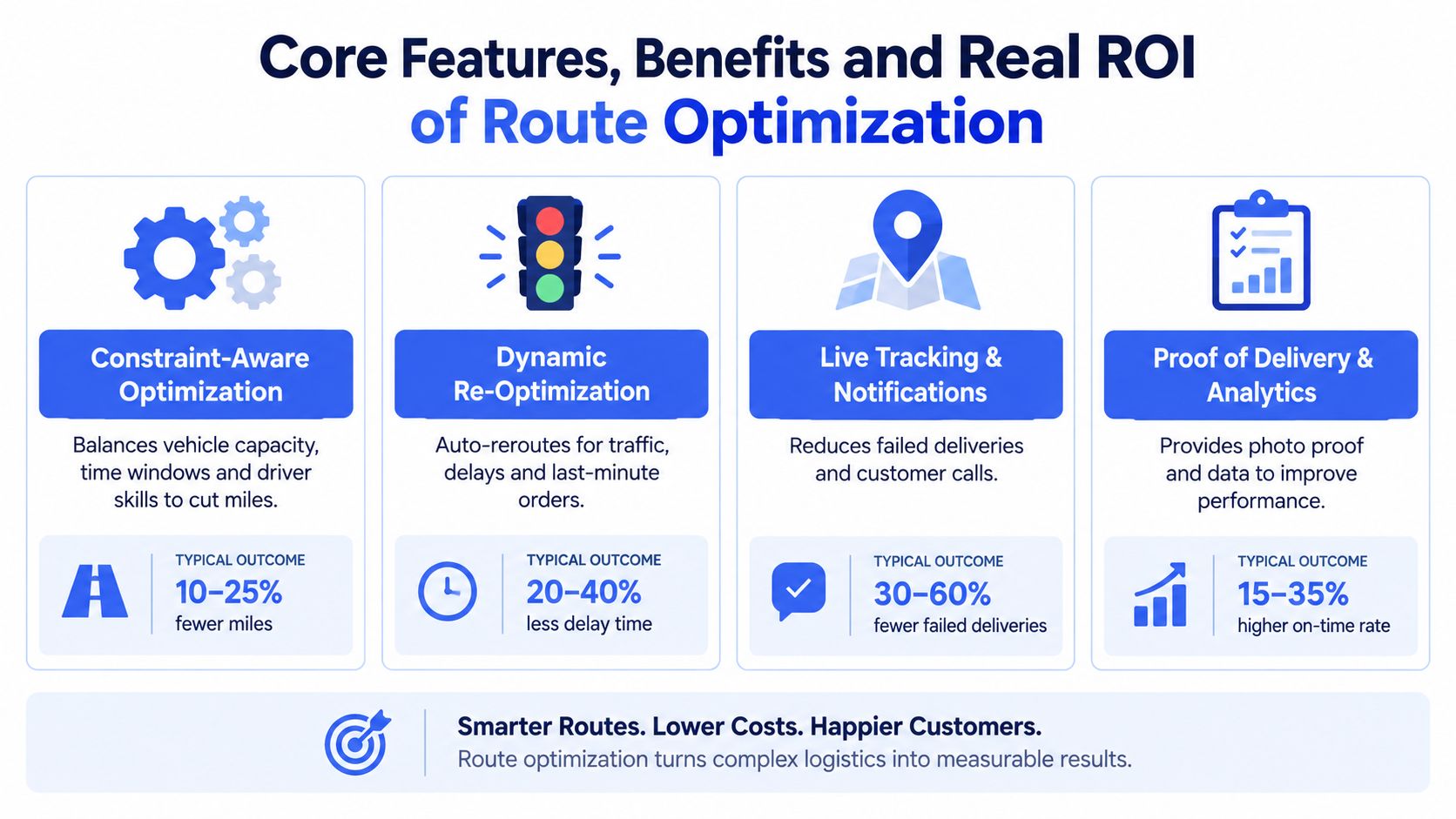 An infographic detailing the core features, benefits, and return on investment for route optimization software in logistics.