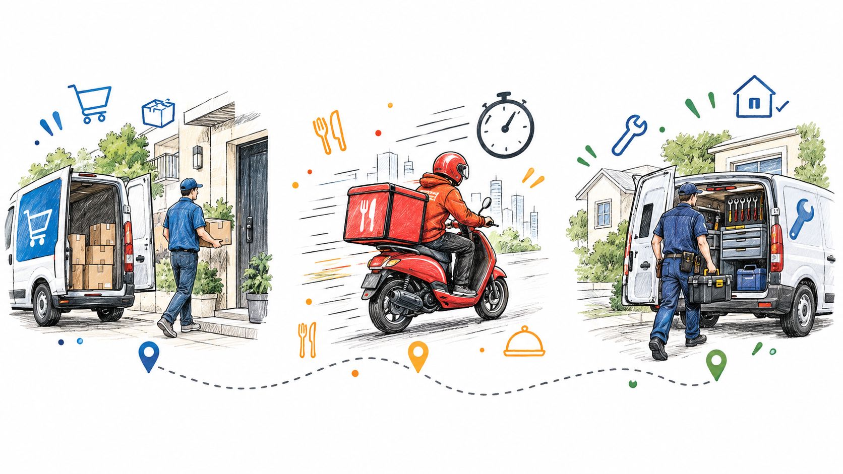 A hand-drawn illustration depicting a last mile delivery platform showing a delivery van, food scooter, and repair van.