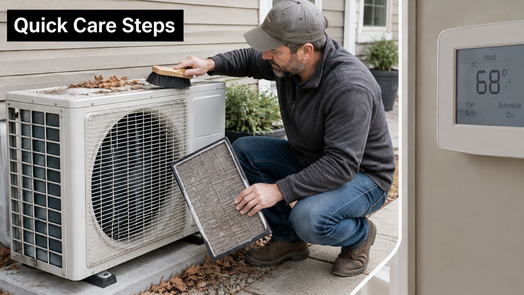 A technician cleaning an outdoor heat pump unit with a brush and checking a dirty air filter.