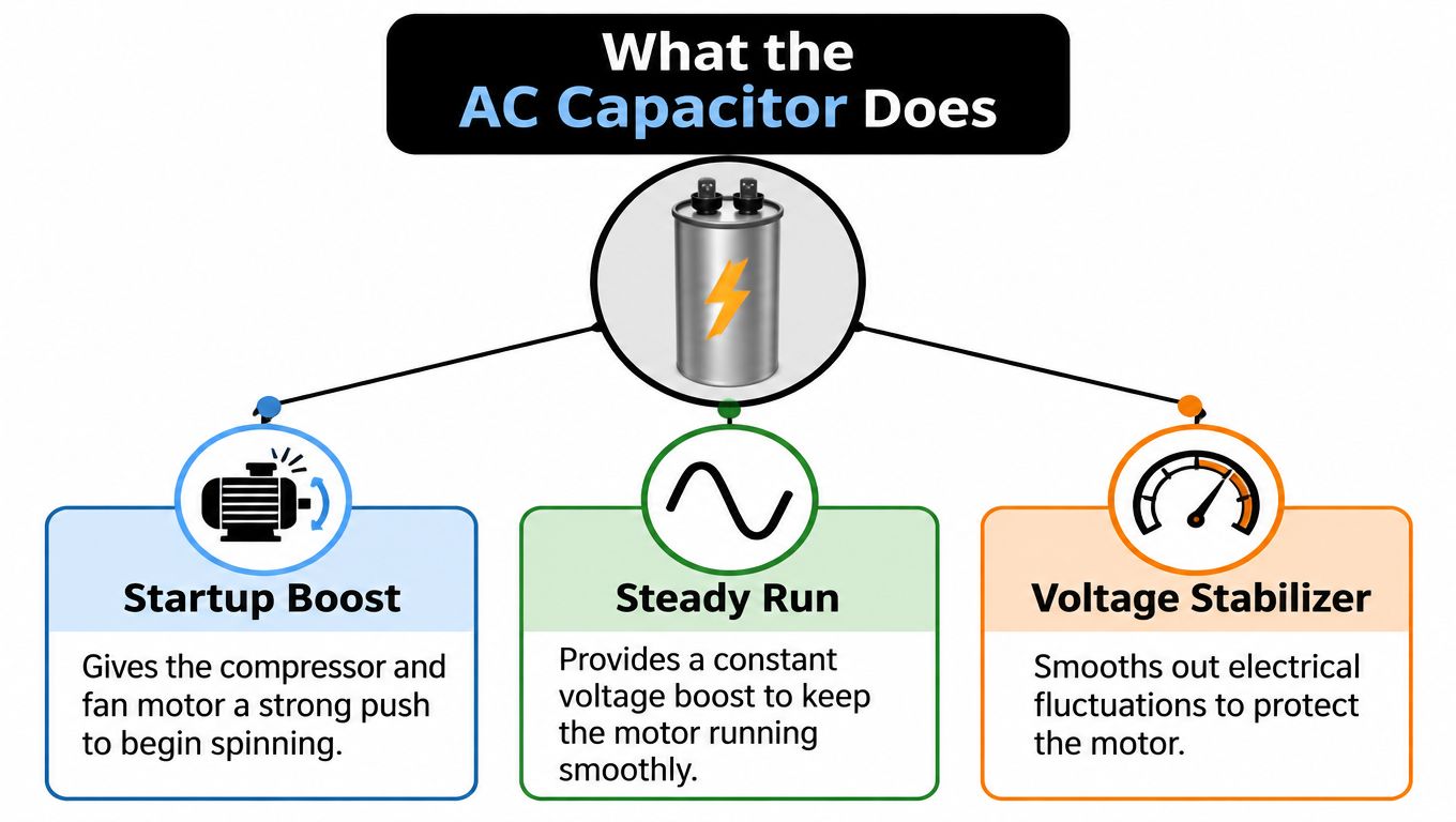 A diagram illustrating the three primary functions of an AC capacitor: providing startup boost, steady run, and voltage stabilization.