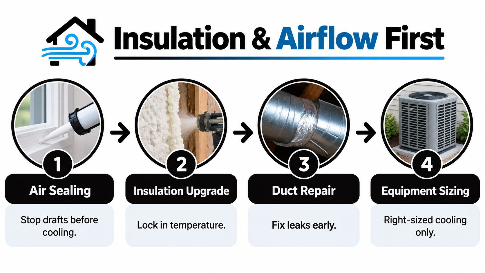 A diagram outlining a four-step process to improve home efficiency: air sealing, insulation, duct repair, and equipment sizing.