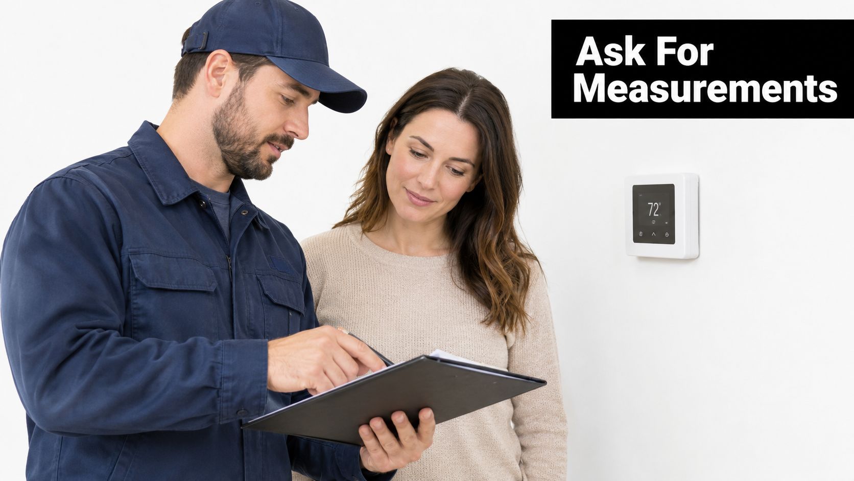 A service technician in uniform reviews paperwork with a female homeowner next to a wall thermostat.