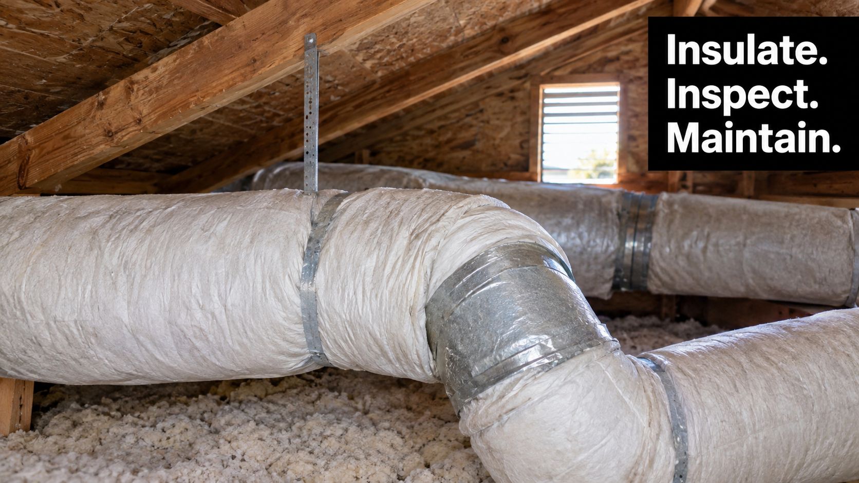 Fiberglass insulated HVAC ductwork suspended from wooden rafters inside a residential attic with loose fill insulation.