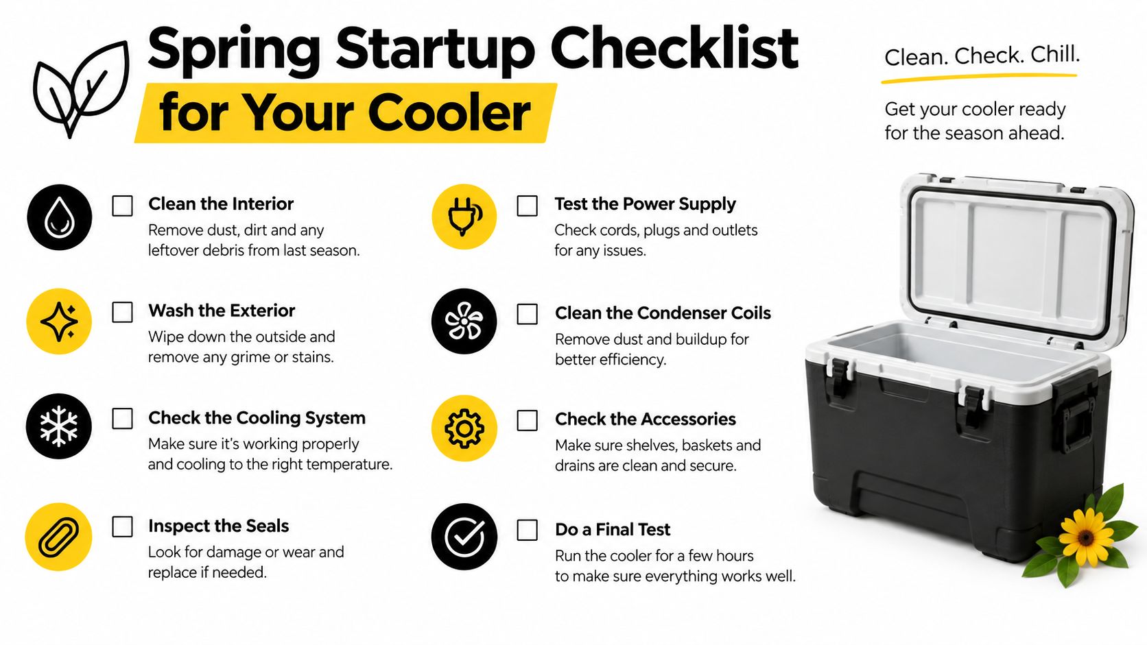 A helpful Spring Startup Checklist infographic for maintaining your cooler, displayed with a clean black cooler.